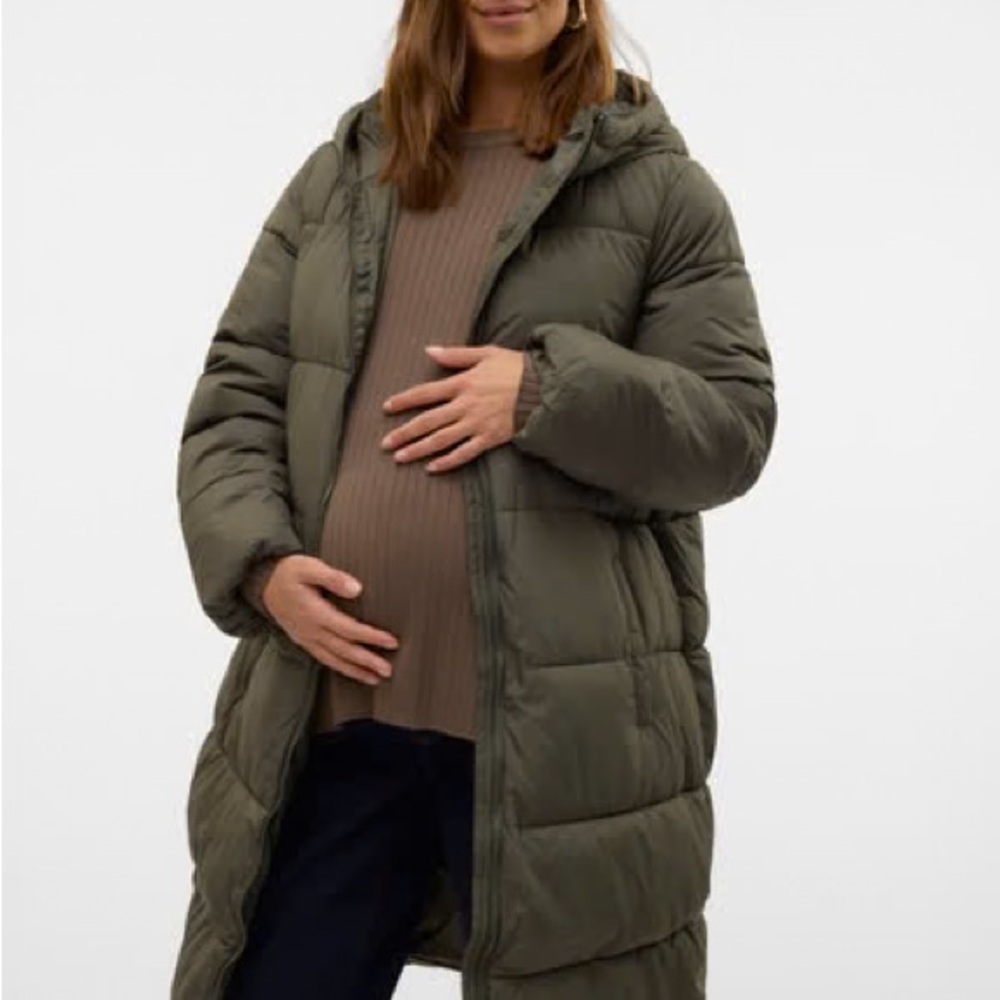 Medium Materniyy Vero Moda Olive Green Long Puffer Coat with Hood